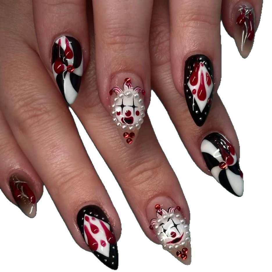 Wholesale Clown almond nail piece  ghost face blood drop stripes diamond wear armor